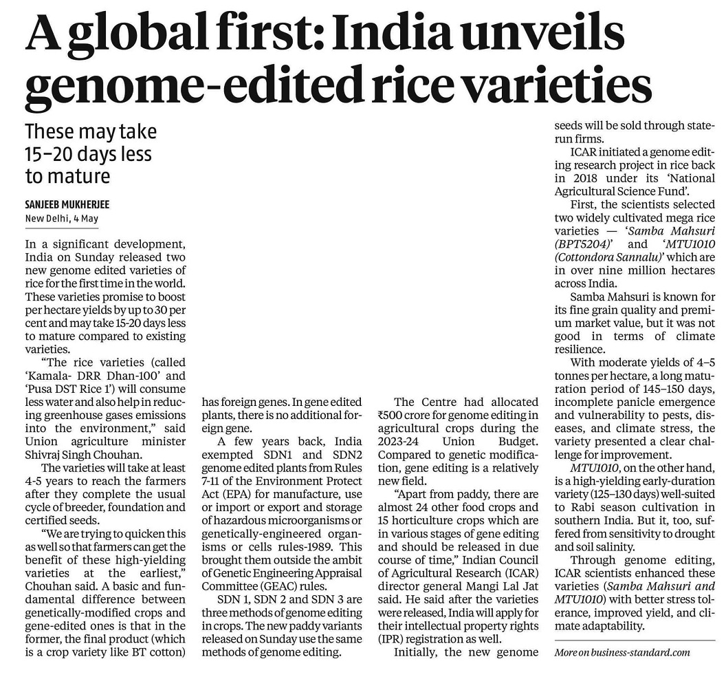 India unveils 'world's first' genome- edited rice varieties