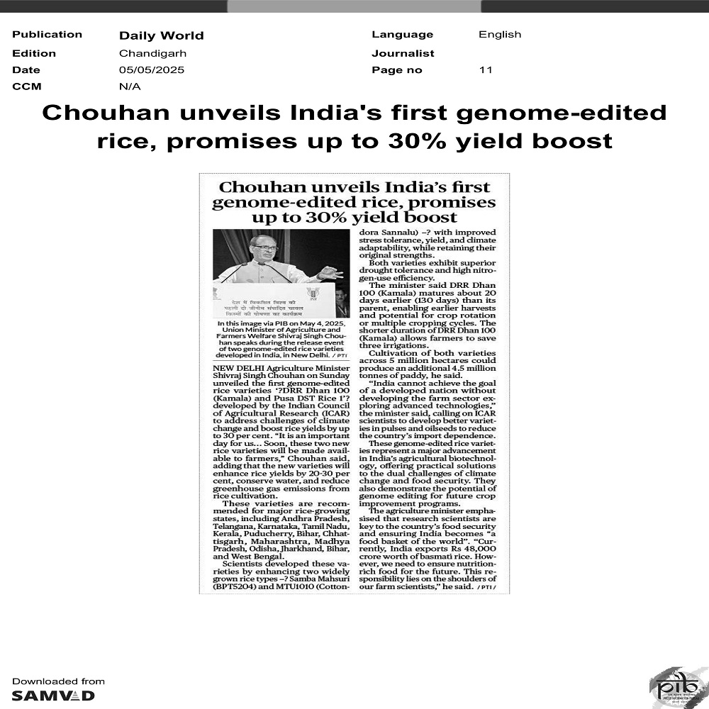 Chouhan unveils India's first genomeedited rice, promises up to 30% yield boost