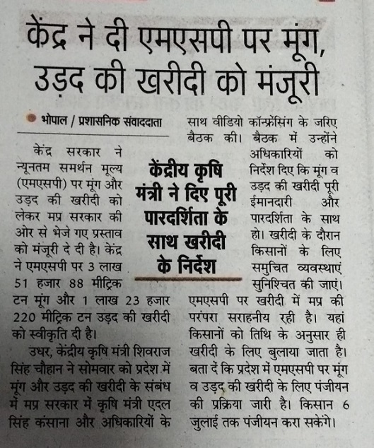 केंद्र ने दी एमएसपी पर मुंग, उड़द की खरीदी को मंजूरी