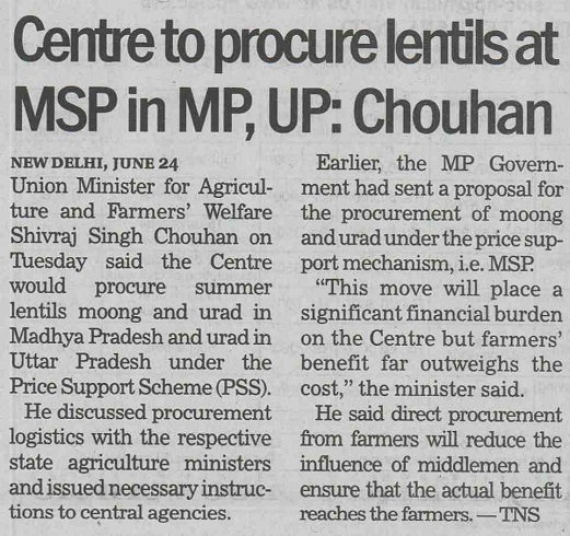 Centre to procure lentils at MSP in MP, UP: Chouhan