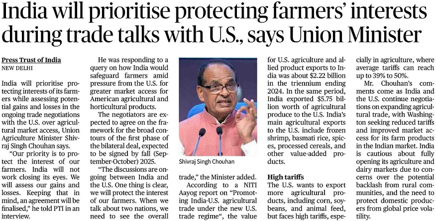 India will prioritise protecting farmers' interests during trade talks with U.S., says Union Minister
