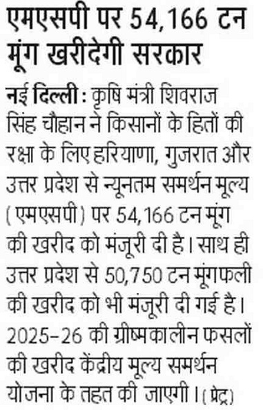 Government will buy 54,166 tonnes of moong at MSP