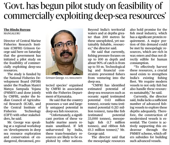 Govt. has begun pilot study on feasibility of commercially exploiting deep-sea resources