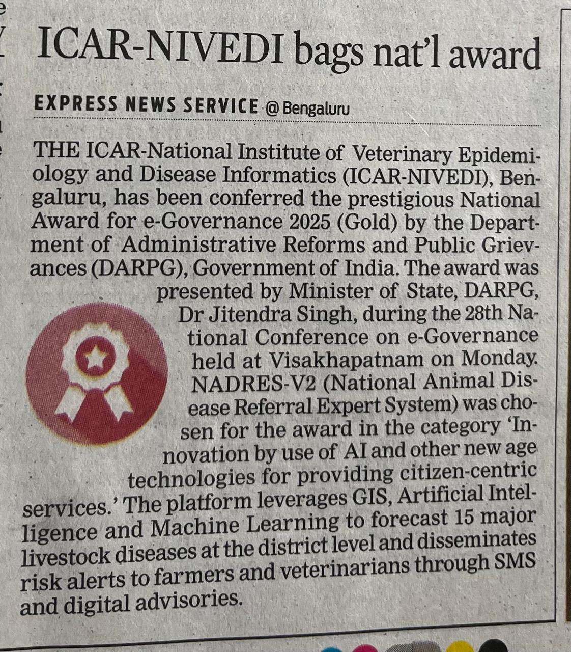 ICAR-NIVEDI bags national award