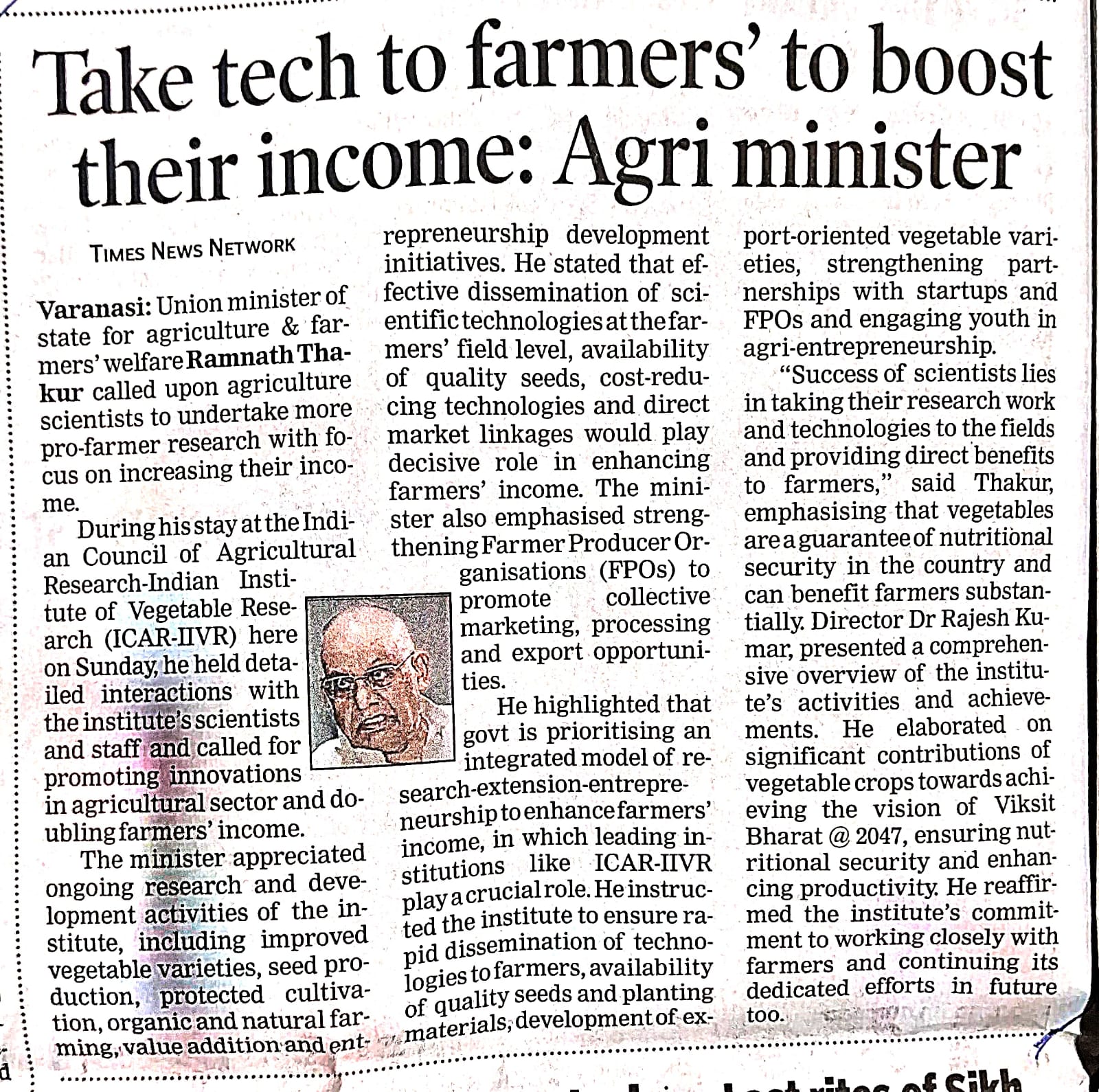 Take tech to farmers' to boost their income: Agri minister