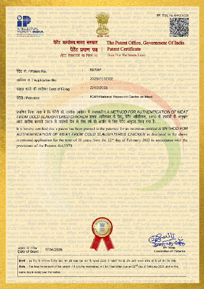 ICAR–NMRI, Hyderabad secures patent for innovative method to authenticate cold-slaughtered chicken meat